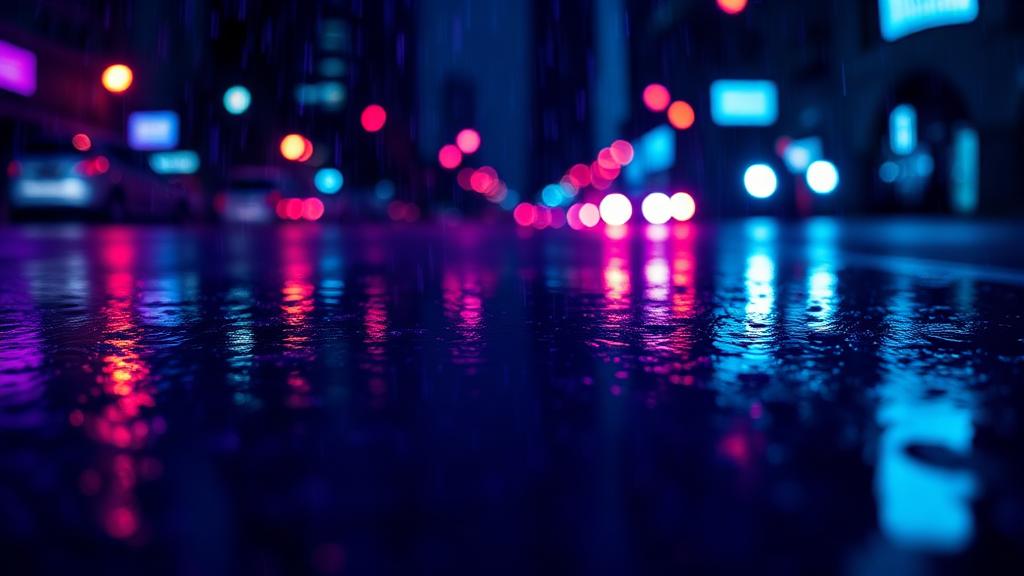 rain hitting a neon puddle, shallow depth of field