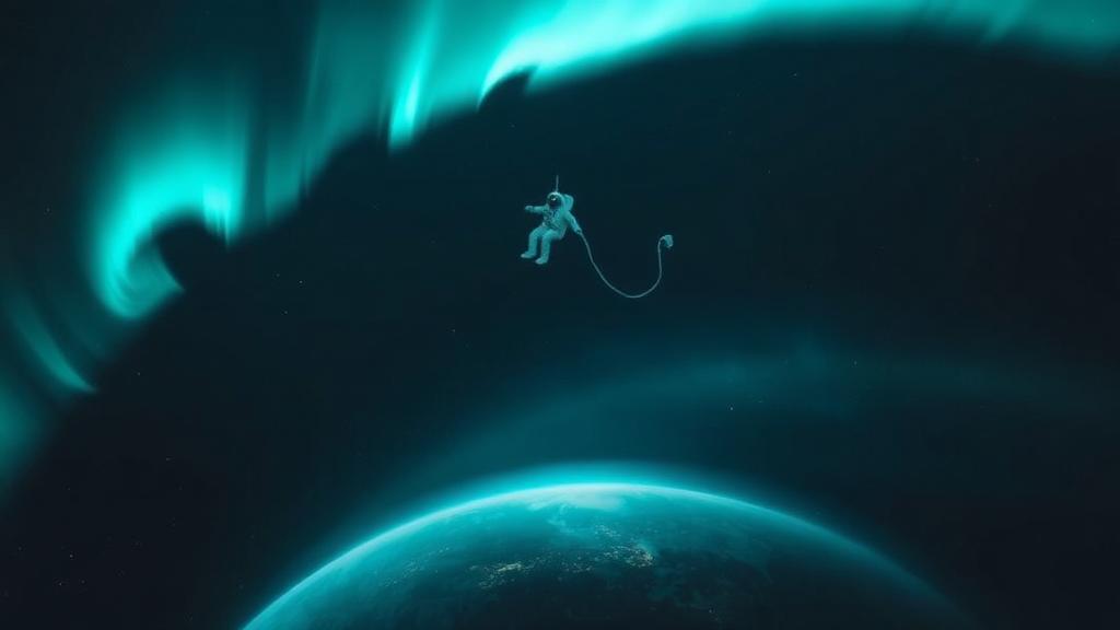 astronaut drifting above a planet lit by cyan aurora