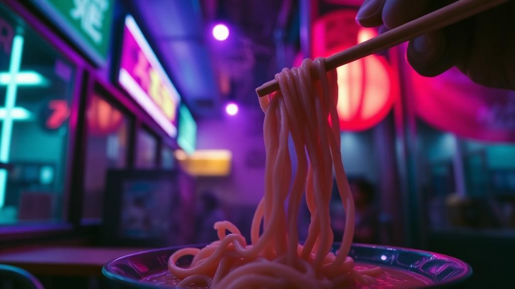 steaming ramen lifted in a neon alley diner