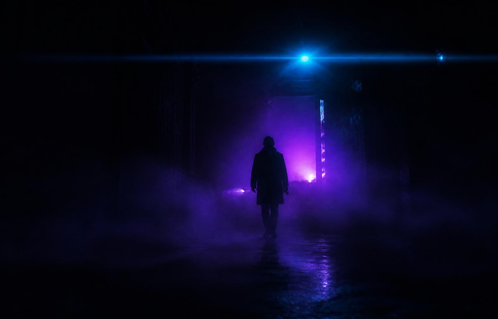 A lone figure walking through violet fog, generated with Vidoodle